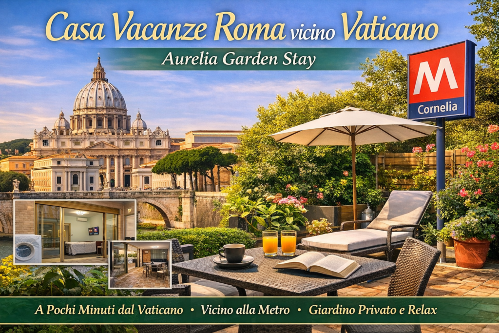 Casa Vacanze a Roma vicino al Vaticano con giardino privato, comoda e ben collegata con la Metro A per raggiungere il Vaticano e la Basilica di San Pietro in pochi minuti.