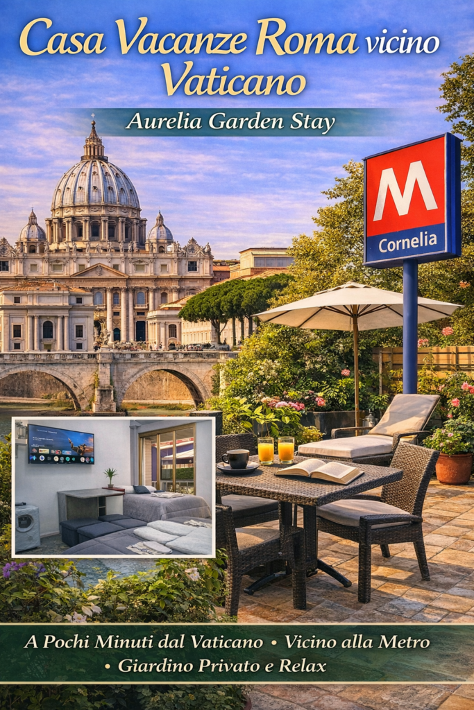 Casa Vacanze a Roma vicino al Vaticano con giardino privato, comoda e ben collegata con la Metro A per raggiungere il Vaticano e la Basilica di San Pietro in pochi minuti.