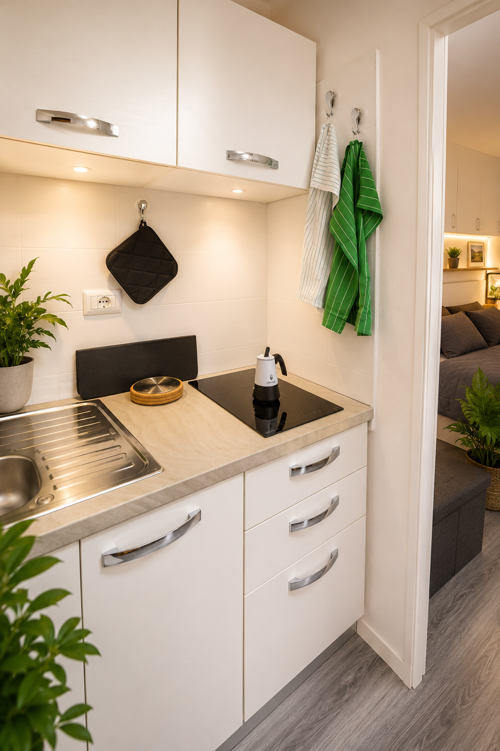 Cucinino moderno di Aurelia Garden Stay con piano a induzione, mini frigo e accessori completi per lunghi soggiorni.