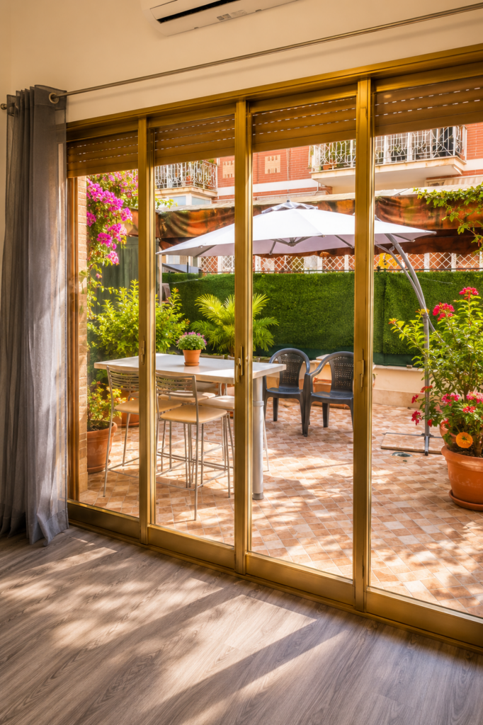 Ampia vetrata luminosa con vista e accesso diretto al giardino privato della casa vacanze Aurelia Garden Stay a Roma.
